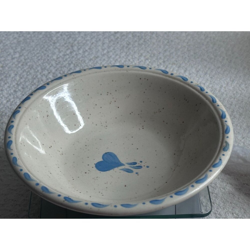 Stoneware Speckled Beige Speckled Bowl Blue Heart Droplets Design 7"